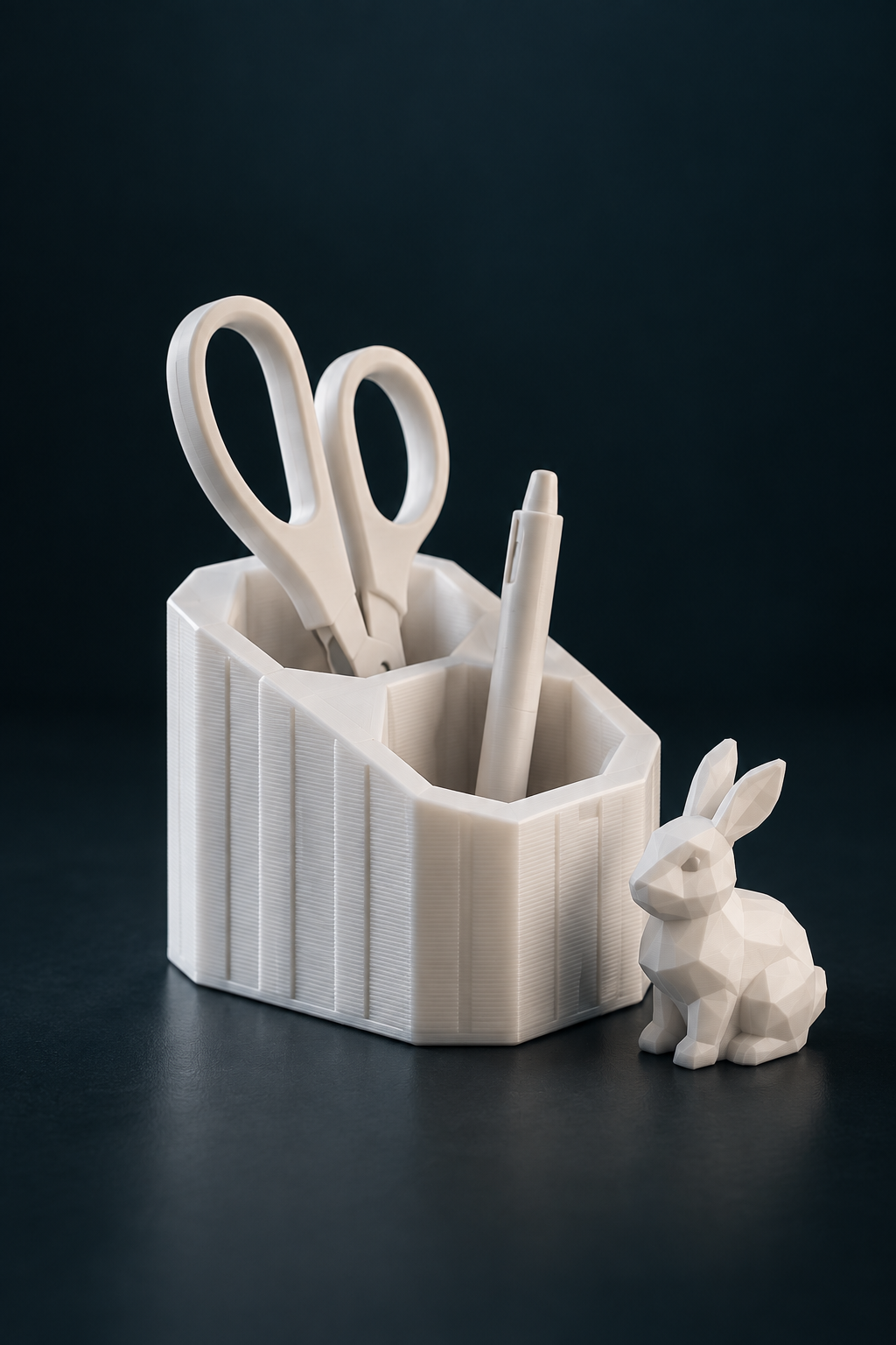 3D printed desk organizer and rabbit figurine